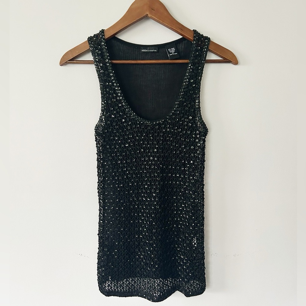 Moda International Black Sequin Beaded Sheer Front Knit Tank Top, EUC, Size M